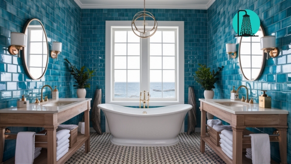 Standard-Sized Walk-In Showers: Coastal Vibes With Blue Tiles